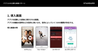 アプリUIの主要な画面パターン 
1. 導入画面 
アプリを起動した直後に表示される画面。 
アプリの機能の説明などの目的に用いられ、目的によっていくつかの種類が存在する。 
導入画面の例 
スプラッシュウォークスルーコーチマークエンプティステート 
 