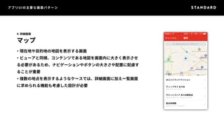 アプリUIの主要な画面パターン 
4. 詳細画面 
マップ 
・現在地や目的地の地図を表示する画面 
・ビューアと同様、コンテンツである地図を画面内に大きく表示させ 
る必要があるため、ナビゲーションやボタンの大きさや配置に配慮す 
ることが重要 
・複数の地点を表示するようなケースでは、詳細画面に加え一覧画面 
に求められる機能も考慮した設計が必要 
 