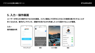 アプリUIの主要な画面パターン 
5. 入力・操作画面 
ユーザーが何らかの動作をするための画面。小さい画面上で文字の入力などの複雑な動きをすることが 
多くなるため、動作がしやすいか、誤動作を防げるかを考慮したUI を設計することが重要。 
入力・ 
操作画面の例 
サインアップ投稿カメラ撮影設定 
 