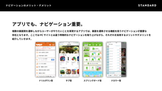 ナビゲーションのメリット・デメリット 
アプリでも、ナビゲーション重要。 
複数の画面間を遷移しながらユーザーがやりたいことを実現するアプリでは、画面を遷移させる機能を担うナビゲーションが重要な 
存在となります。ここではPC サイトとは違う特徴的なナビゲーションを取り上げながら、それぞれを採用するメリットやデメリットを 
紹介していきます。 
ドリルダウン型タブ型スプリングボード型ドロワー型 
 