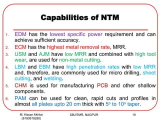 Capabilities of NTM
1. EDM has the lowest specific power requirement and can
achieve sufficient accuracy.
2. ECM has the highest metal removal rate, MRR.
3. USM and AJM have low MRR and combined with high tool
wear, are used for non-metal cutting.
4. LBM and EBM have high penetration rates with low MRR
and, therefore, are commonly used for micro drilling, sheet
cutting, and welding.
5. CHM is used for manufacturing PCB and other shallow
components.
6. PAM can be used for clean, rapid cuts and profiles in
almost all plates upto 20 cm thick with 5o to 10o taper.
M. Hasan Akhtar
(8180818280)
10SBJITMR, NAGPUR
 