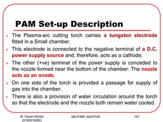 PAM Set-up Description
 The Plasma-arc cutting torch carries a tungsten electrode
fitted in a Small chamber.
 This electrode is connected to the negative terminal of a D.C.
power supply source and, therefore, acts as a cathode.
 The other (+ve) terminal of the power supply is conceded to
the nozzle formed near the bottom of the chamber. The nozzle
acts as an anode.
 On one side of the torch is provided a passage for supply of
gas into the chamber.
 There is also a provision of water circulation around the torch
so that the electrode and the nozzle both remain water cooled.
SBJITMR, NAGPUR 123M. Hasan Akhtar
(8180818280)
 