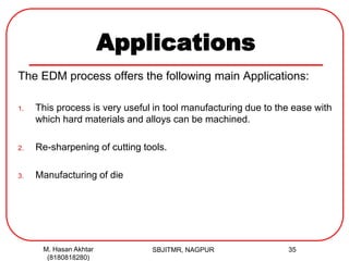 Applications
The EDM process offers the following main Applications:
1. This process is very useful in tool manufacturing due to the ease with
which hard materials and alloys can be machined.
2. Re-sharpening of cutting tools.
3. Manufacturing of die
SBJITMR, NAGPUR 35M. Hasan Akhtar
(8180818280)
 