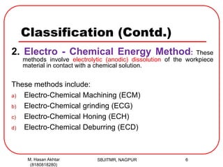 Classification (Contd.)
2. Electro - Chemical Energy Method: These
methods involve electrolytic (anodic) dissolution of the workpiece
material in contact with a chemical solution.
These methods include:
a) Electro-Chemical Machining (ECM)
b) Electro-Chemical grinding (ECG)
c) Electro-Chemical Honing (ECH)
d) Electro-Chemical Deburring (ECD)
SBJITMR, NAGPUR 6M. Hasan Akhtar
(8180818280)
 