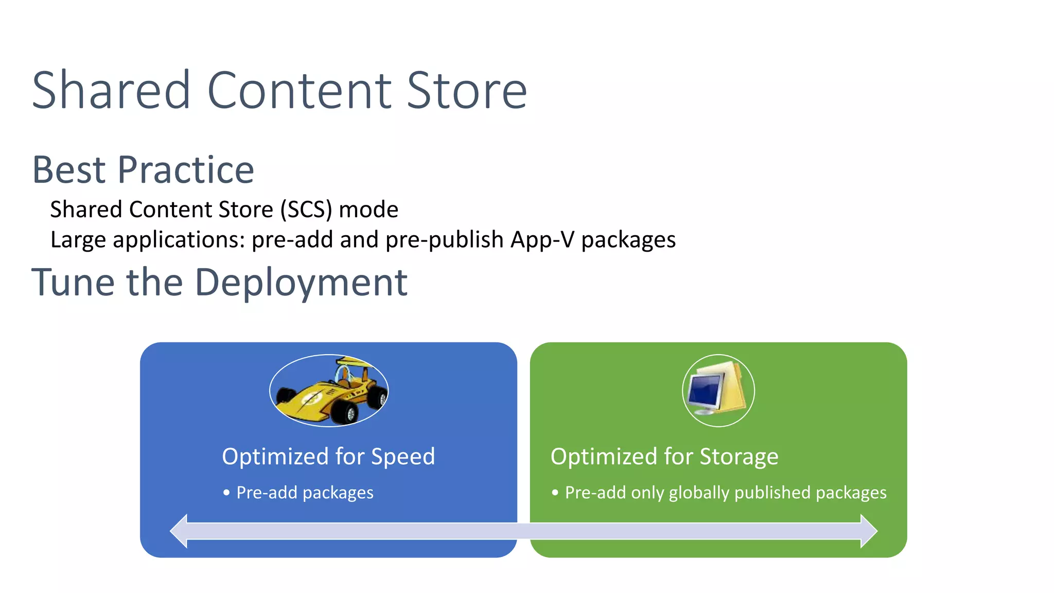 Shared Content Store (SCS) mode
Large applications: pre-add and pre-publish App-V packages
Optimized for Speed
• Pre-add packages
Optimized for Storage
• Pre-add only globally published packages
 