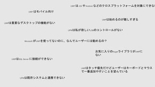 UWP はモバイル向け
お気に入りのNugetライブラリがUWPに
ない
UPWは既存システムと連携できない
UPWは私が欲しいLOBのコントロールがない
UWPはSQL Server に接続ができない
UWP は iOS や Android などのクロスプラットフォームを対象にできない
UWPはタッチ優先だけどユーザーはキーボードとマウス
で一番追加やすいことを望んでいる
Microsoft がUWPを使ってないのに、なんでユーザーには勧めるの？
UWPは重要なデスクトップの機能がない
UWPは始めるのが難しすぎる
 
