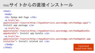 <html>
<body>
<h1> MyApp Web Page </h1>
<a href="ms-
appinstaller:?source=http://mywebservice.azureedge.net/HubApp.appx">
Install app package </a>
<a href="ms-
appinstaller:?source=http://mywebservice.azureedge.net/HubAppBundle.
appxbundle"> Install app bundle </a>
<a href="ms-
appinstaller:?source=http://mywebservice.azureedge.net/HubAppSet.app
installer"> Install related set </a>
</body>
</html>
 