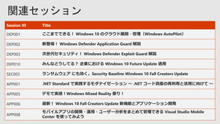 Session ID Title
DEP001 ここまでできる！ Windows 10 のクラウド展開・管理（Windows AutoPilot）
DEP002 新登場！ Windows Defender Application Guard 解説
DEP003 次世代セキュリティ！ Windows Defender Exploit Guard 解説
DEP010 みんなどうしてる？ 企業における Windows 10 Future Update 適用
SEC003 ランサムウェア にも効く。Security Baseline Windows 10 Fall Creators Update
APP001 .NET Standard で実践するモダナイゼーション ～ .NET コード資産の再利用と活用に向けて ～
APP005 デモで実感！Windows Mixed Reality 祭り！
APP006 最新！ Windows 10 Fall Creators Update 新機能とアプリケーション開発
APP008
モバイルアプリの開発・運用・ユーザー分析をまとめて管理できる Visual Studio Mobile
Center を使ってみよう
 