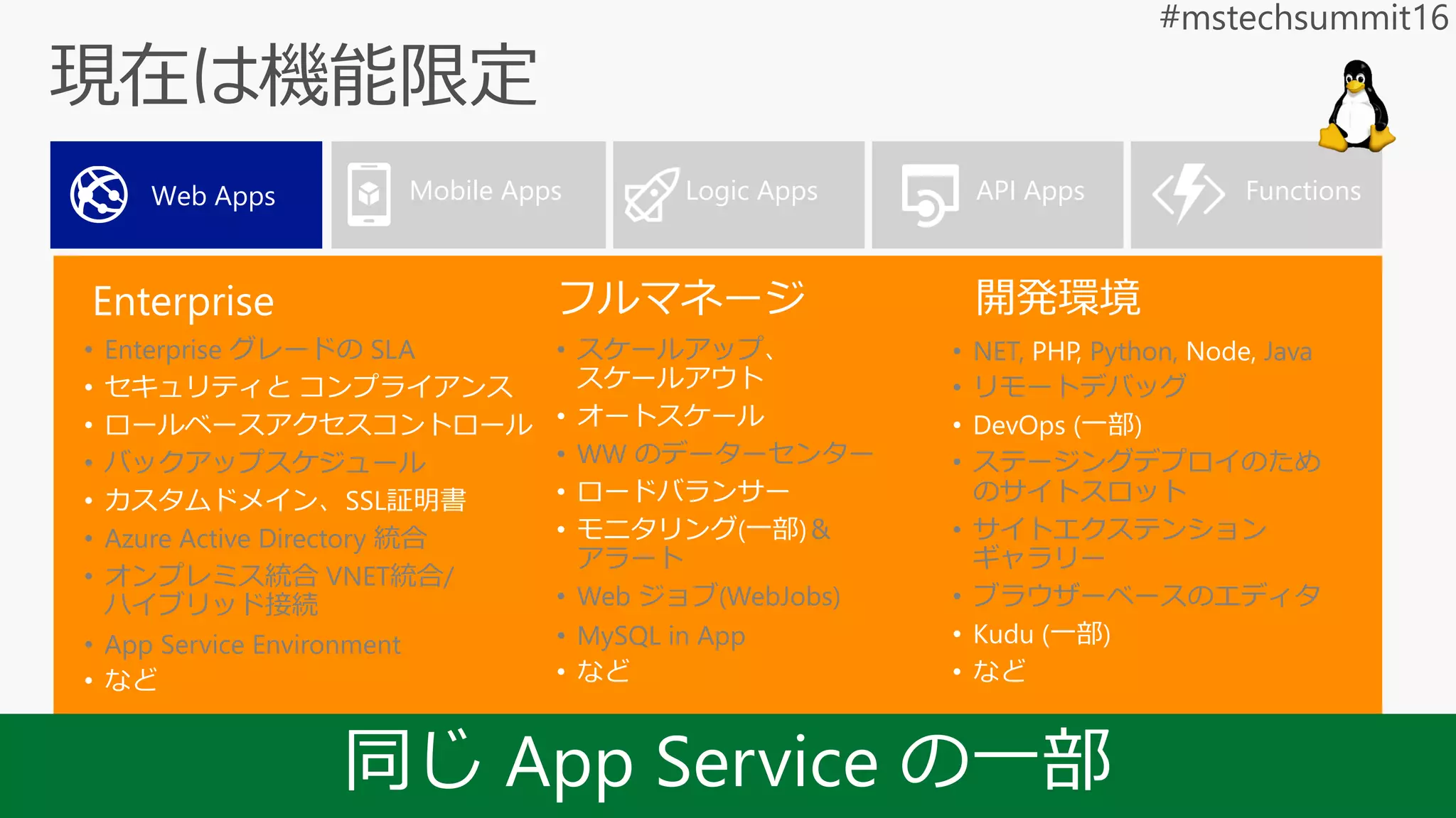 • NET, PHP, Python, Node, Java
• リモートデバッグ
• DevOps (一部)
• ステージングデプロイのため
のサイトスロット
• サイトエクステンション
ギャラリー
• ブラウザーベースのエディタ
• Kudu (一部)
• など
Web Apps Mobile Apps API Apps Functions
• スケールアップ、
スケールアウト
• オートスケール
• WW のデーターセンター
• ロードバランサー
• モニタリング(一部)＆
アラート
• Web ジョブ(WebJobs)
• MySQL in App
• など
• Enterprise グレードの SLA
• セキュリティと コンプライアンス
• ロールベースアクセスコントロール
• バックアップスケジュール
• カスタムドメイン、SSL証明書
• Azure Active Directory 統合
• オンプレミス統合 VNET統合/
ハイブリッド接続
• App Service Environment
• など
Logic Apps
 