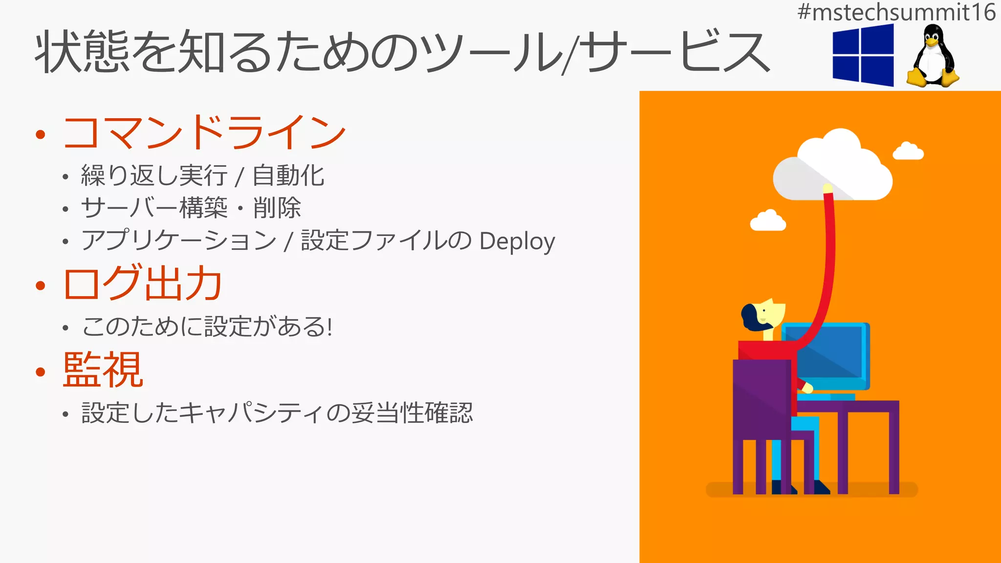 • コマンドライン
• ログ出力
• 監視
 