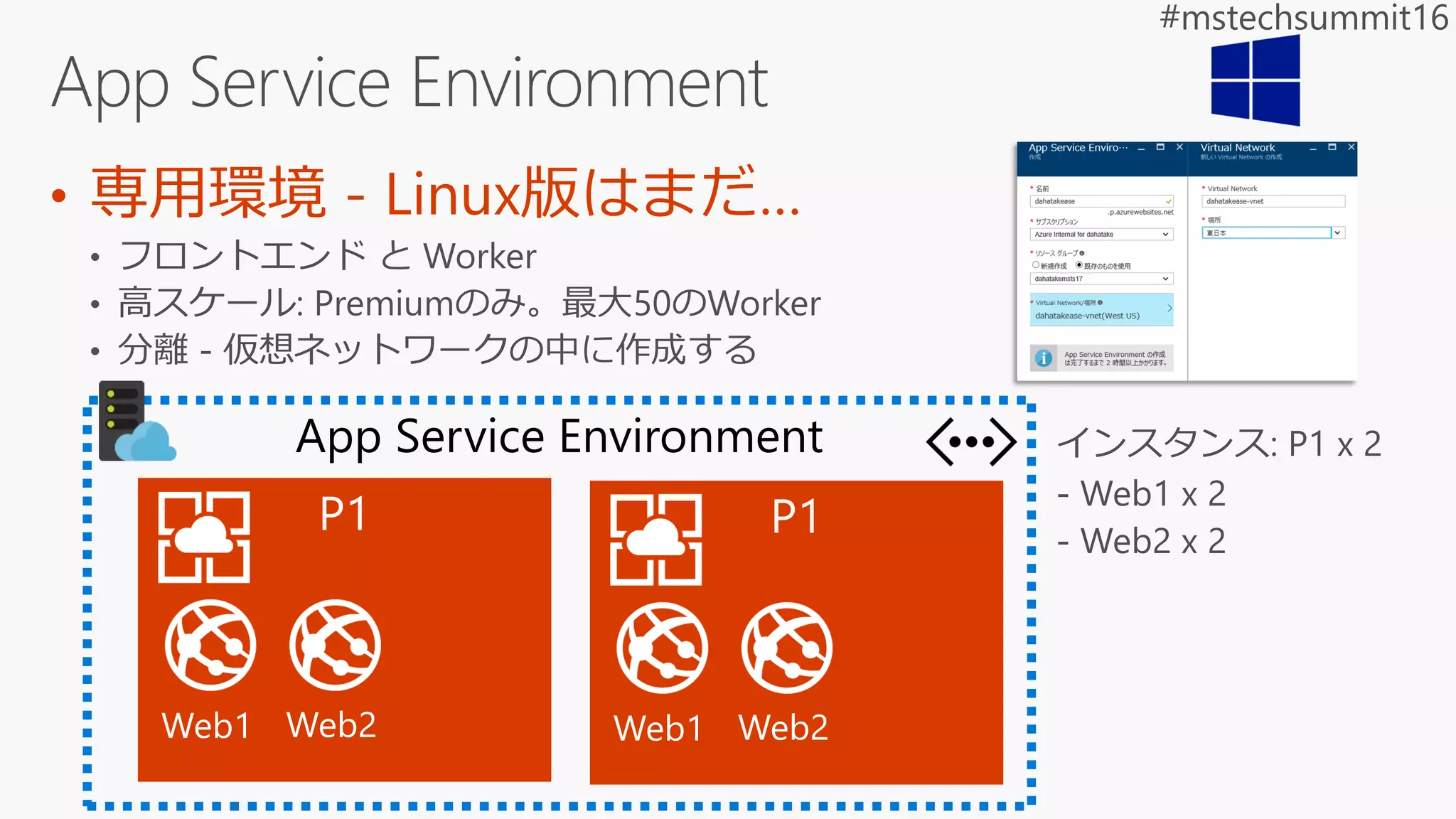 • 専用環境 - Linux版はまだ…
App Service Environment
Web1 Web2 Web1 Web2
 