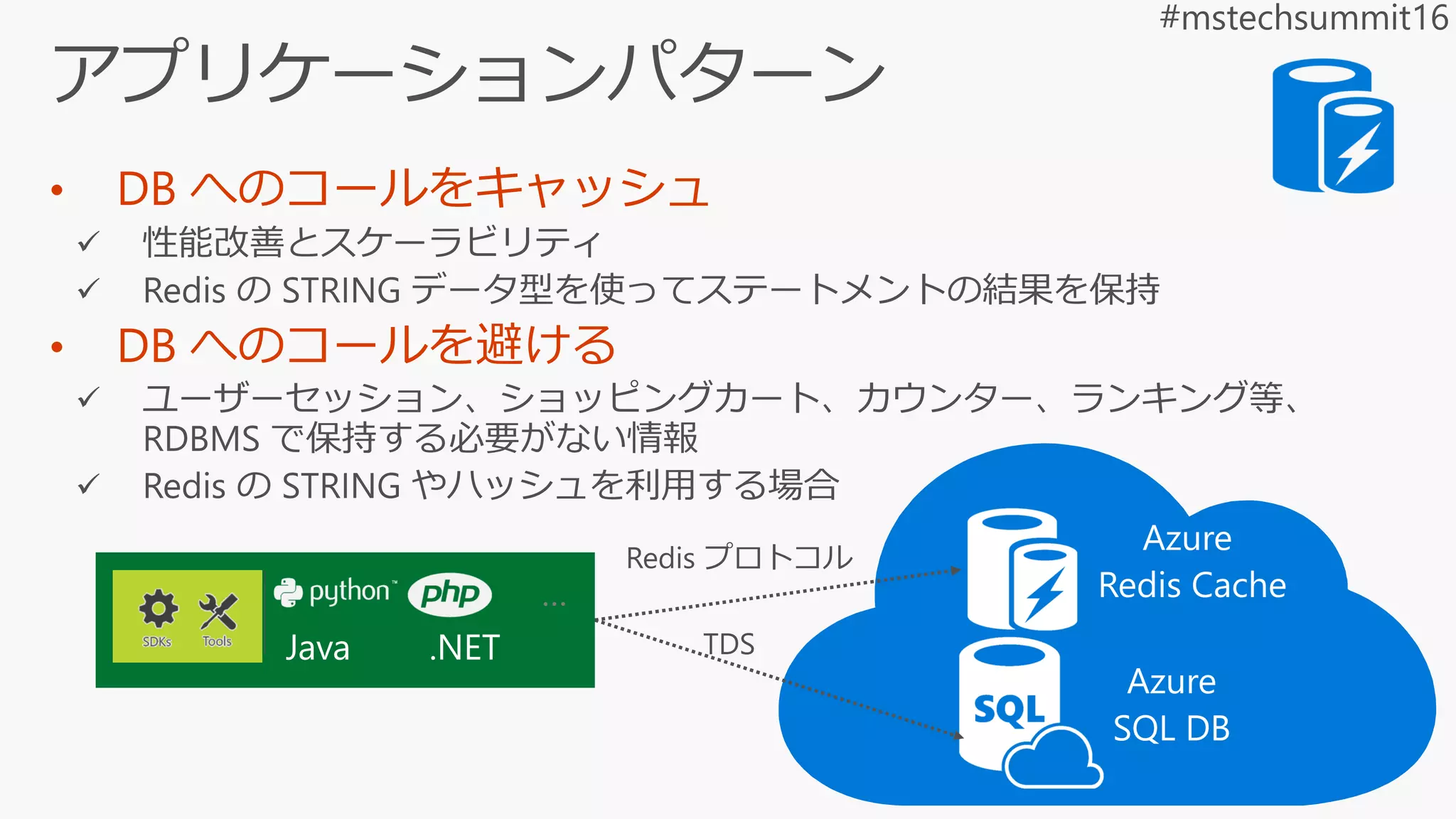 • DB へのコールをキャッシュ
• DB へのコールを避ける
Azure
Redis Cache
Java .NET
…
Azure
SQL DB
 