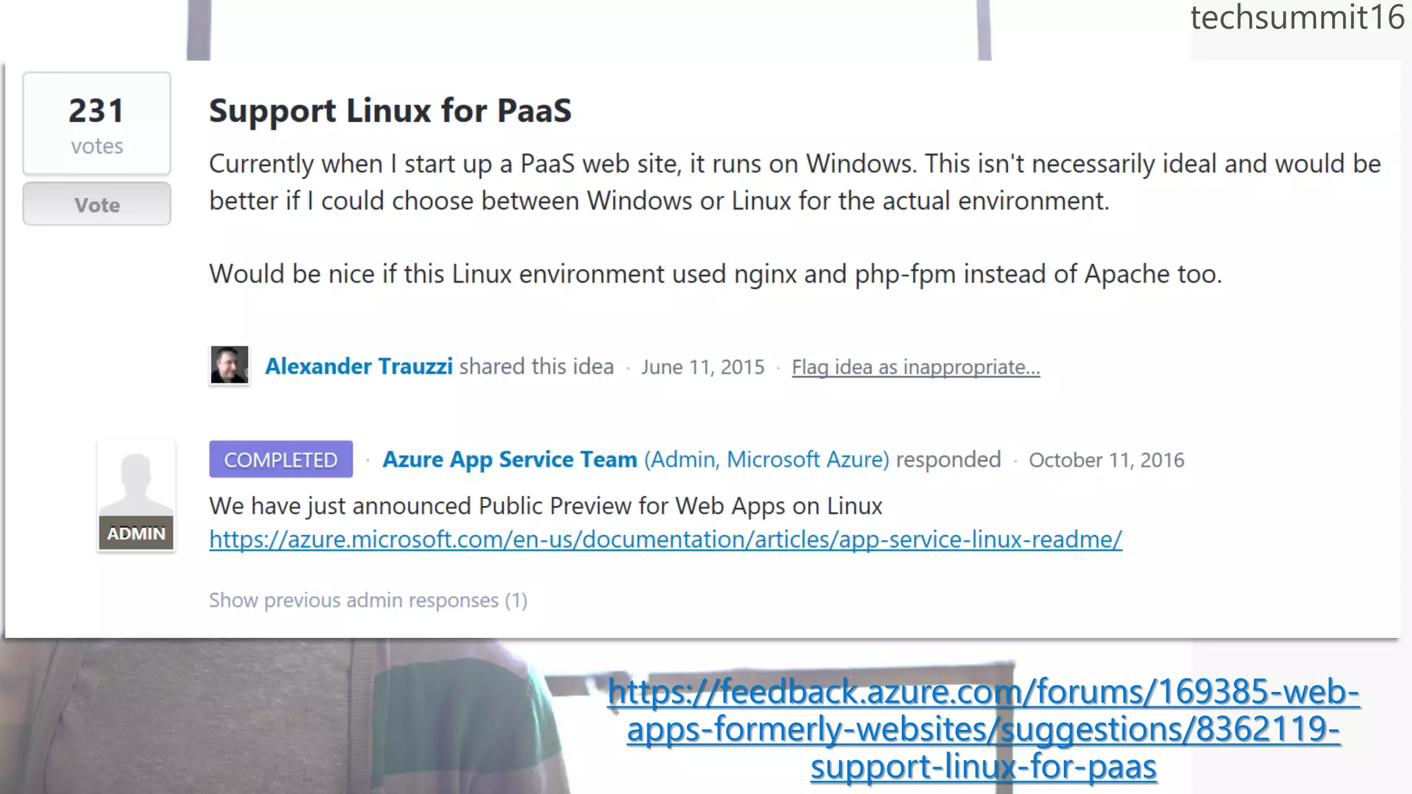https://feedback.azure.com/forums/169385-web-
apps-formerly-websites/suggestions/8362119-
support-linux-for-paas
 