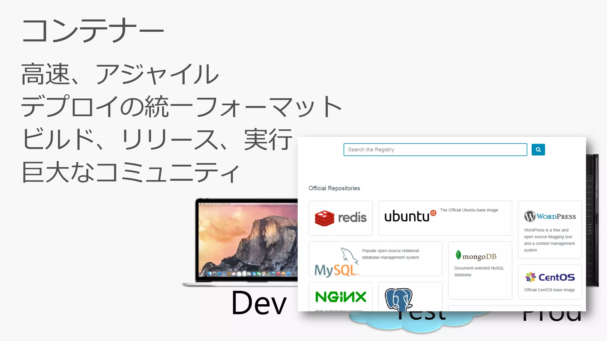 高速、アジャイル
デプロイの統一フォーマット
ビルド、リリース、実行
巨大なコミュニティ
Dev Test Prod
 
