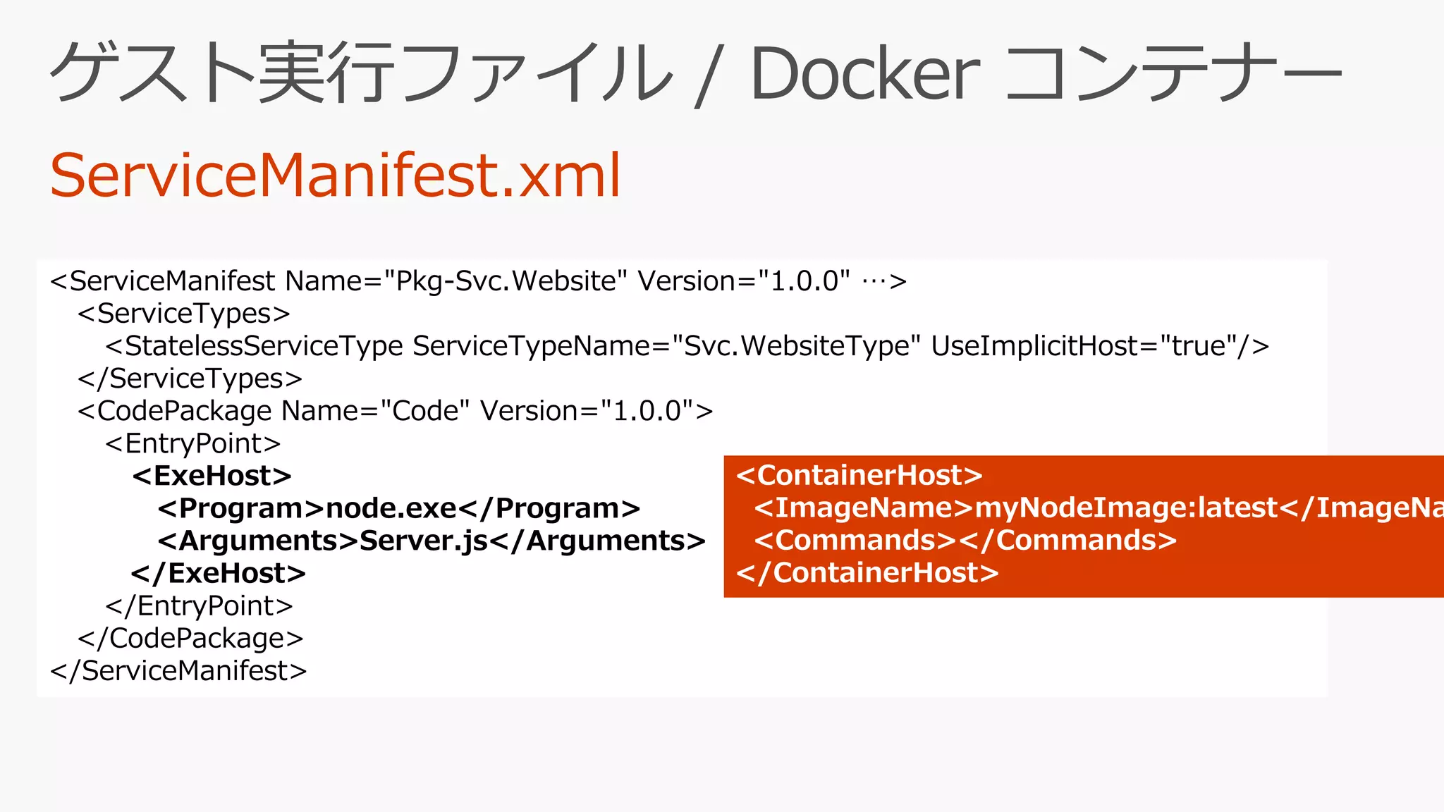 <ServiceManifest Name="Pkg-Svc.Website" Version="1.0.0" …>
<ServiceTypes>
<StatelessServiceType ServiceTypeName="Svc.WebsiteType" UseImplicitHost="true"/>
</ServiceTypes>
<CodePackage Name="Code" Version="1.0.0">
<EntryPoint>
<ExeHost>
<Program>node.exe</Program>
<Arguments>Server.js</Arguments>
</ExeHost>
</EntryPoint>
</CodePackage>
</ServiceManifest>
<ContainerHost>
<ImageName>myNodeImage:latest</ImageNa
<Commands></Commands>
</ContainerHost>
 
