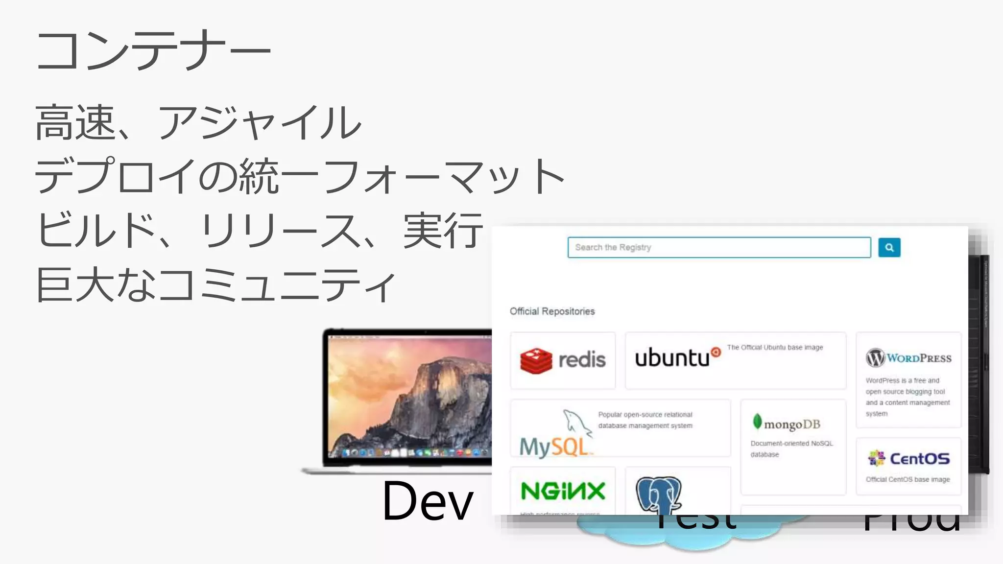 高速、アジャイル
デプロイの統一フォーマット
ビルド、リリース、実行
巨大なコミュニティ
Dev Test Prod
 