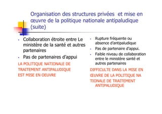 Organisation des structures privées et mise en
œuvre de la politique nationale antipaludique
(suite)
Rupture fréquente ou
absence d’antipaludique
Pas de partenaire d’appui.
Faible niveau de collaboration
entre le ministère santé et
autres partenaires
DIFFICULTE DANS LA MISE EN
ŒUVRE DE LA POLITIQUE NA
TIONALE DE TRAITEMENT
ANTIPALUDIQUE
Collaboration étroite entre Le
ministère de la santé et autres
partenaires
Pas de partenaires d’appui
LA POLITIQUE NATIONALE DE
TRAITEMENT ANTIPALUDIQUE
EST MISE EN OEUVRE
 