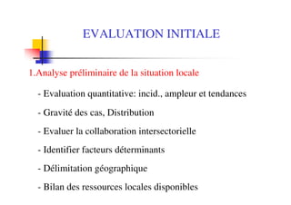EVALUATION INITIALE
1.Analyse préliminaire de la situation locale
- Evaluation quantitative: incid., ampleur et tendances
- Gravité des cas, Distribution
- Evaluer la collaboration intersectorielle
- Identifier facteurs déterminants
- Délimitation géographique
- Bilan des ressources locales disponibles
 