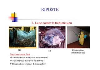 2. Lutte contre la transmission
MII MII Pulvérisation
Intradomiciliaire
Autres moyens de lutte
Administration massive de médicaments?
Traitement de masse des cas fébriles?
Pulvérisations spatiales d’insecticides?
RIPOSTE
 