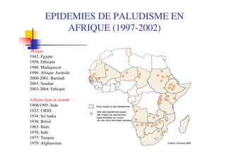 EPIDEMIES DE PALUDISME EN
AFRIQUE (1997-2002)
Afrique
1942: Egypte
1958: Ethiopie
1986: Madagascar
1996: Afrique Australe
2000-2001: Burundi
2003: Soudan
2003-2004: Ethiopie
Ailleurs dans le monde
1908/1995: Inde
1922: URSS
1934: Sri lanka
1938: Brésil
1963: Haïti
1976: Inde
1977: Turquie
1979: Afghanistan
 