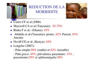 REDUCTION DE LA
               MORBIDITE

Curtis CF et al.(2006)
Maxwell CA et al (Tanzanie): 55-75%
Binka F et al.: (Ghana): 43%
 Abdulla et al.(Tanzanie): protec. 62% Parasit. 63%
Anemie
Nevill CG et al. (Kenya): 44%
Lengeler (2007):
- Palu simple:50% (stable) et 62% (instable)
- Palu grave: 45%, prévalence parasitaire: 13% ,
parasitemie:29% et splénomégalie:30%
 