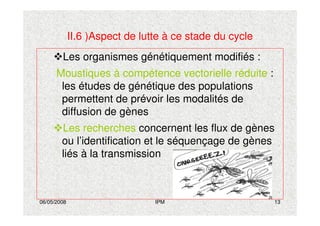 06/05/2008 IPM 13
II.6 )Aspect de lutte à ce stade du cycle
Les organismes génétiquement modifiés :
Moustiques à compétence vectorielle réduite :
les études de génétique des populations
permettent de prévoir les modalités de
diffusion de gènes
Les recherches concernent les flux de gènes
ou l’identification et le séquençage de gènes
liés à la transmission
 
