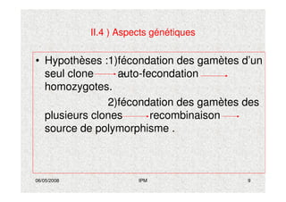 06/05/2008 IPM 9
II.4 ) Aspects génétiques
• Hypothèses :1)fécondation des gamètes d’un
seul clone auto-fecondation
homozygotes.
2)fécondation des gamètes des
plusieurs clones recombinaison
source de polymorphisme .
 