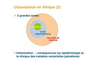 Urbanisation en Afrique (2)

     3 grandes zones:




     Urbanisation → conséquences sur épidémiologie et
     la clinique des maladies vectorielles (paludisme)

4
 