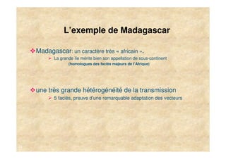 L’exemple de Madagascar

     Madagascar: un caractère très « africain ».
            La grande île mérite bien son appellation de sous-continent
                   (homologues des faciès majeurs de l’Afrique)




     une très grande hétérogénéité de la transmission
            5 faciès, preuve d’une remarquable adaptation des vecteurs




12
 