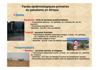 Faciès épidémiologiques primaires
          du paludisme en Afrique
    Stable
         Équatorial : forêt et savanes postforestières
                   Transmission pérenne : An. gambiae, An. funestus, An. nili, An.
                  moucheti
                   Prémunition forte dès 5 ans
                   Morbidité : 30 à 50 % des cas fébriles

             Tropical : savanes humides
                     Transmission régulière saisonnière longue > 6 mois : An. gambiae,
                                                                               gambiae,
                      An. arabiensis, An. funestus, An. nili
                          arabiensis,      funestus,
                     Prémunition établie à 10 ans
                     Morbidité : 30 à 50 % des cas fébriles (augmente en saison des pluies)



    Intermédiaire
             Sahélien : savanes sèches et steppes
                    Transmission saisonnière courte < 6 mois : An. arabiensis, An. gambiae,
                  An. funestus
                    Morbidité > 70 % des cas fébriles en saison de transmission (pluies)
                   Prémunition plus longue à s‘établir, liée à la régularité de la transmission


8
 