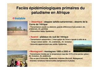 Faciès épidémiologiques primaires du
             paludisme en Afrique
    Instable
                 Désertique : steppes sahélo-sahariennes ; déserts de la
               Corne de l‘Afrique
                 Transmission courte ou aléatoire, grande différence d’une année à An.
               arabiensis, An. gambiae
                 Prémunition faible. Epidémies.


                 Austral : plateaux du sud de l‘Afrique
                 Transmission saisonnière. L‘interruption de l’hiver s‘ajoute à celle de la
                  longue saison sèche : An, arabiensis,, An. funestus
                 Immunité apparemment peu solide. Epidémies



                 Montagnard : montagnes 1000 à 2000 m
                Transmission limitée par la température (cap des 18° et les pentes (gîtes) :
                                                                    C)
               An. funestus, An, arabiensis
                Peu ou pas d’immunité. Épidémies violentes (Burundi, Madagascar)
                Grandes variations interannuelles (température et pluies).

9
 