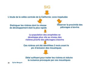 SIG

L’étude de la vallée centrale de la Californie: zone impaludée



     Distinguer les rizières dont la vitesse                Observer la proximité des
     de développement était la plus rapide                    pâturages à bovins


                              La population des anophèles se
                             développe plus vite au niveau des
                          rizières proche des pâturages à bovins

                        Ces rizières ont été identifiées 2 mois avant le
                                pic d’éclosion des moustiques



                          Délai suffisant pour traiter les rizières et réduire
                            la nuisance provoquée par ces moustiques
23     Sylvie Manguin
 