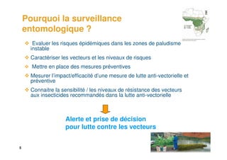 Pourquoi la surveillance
    entomologique ?
       Evaluer les risques épidémiques dans les zones de paludisme
      instable
      Caractériser les vecteurs et les niveaux de risques
      Mettre en place des mesures préventives
      Mesurer l’impact/efficacité d’une mesure de lutte anti-vectorielle et
      préventive
      Connaitre la sensibilité / les niveaux de résistance des vecteurs
      aux insecticides recommandés dans la lutte anti-vectorielle



                     Alerte et prise de décision
                     pour lutte contre les vecteurs


5
 