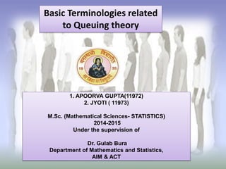 1. APOORVA GUPTA(11972)
2. JYOTI ( 11973)
M.Sc. (Mathematical Sciences- STATISTICS)
2014-2015
Under the supervision of
Dr. Gulab Bura
Department of Mathematics and Statistics,
AIM & ACT
Basic Terminologies related
to Queuing theory
 