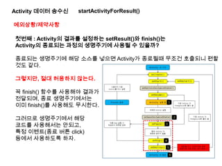 Activity 데이터 송수신 startActivityForResult()
예외상황/제약사항
첫번째 : Activity의 결과를 설정하는 setResult()와 finish()는
Activity의 종료되는 과정의 생명주기에 사용될 수 있을까?
종료되는 생명주기에 해당 소스를 넣으면 Activity가 종료될때 무조건 호출되니 편할
것도 같다.
그렇지만, 절대 허용하지 않는다.
꼭 finish() 함수를 사용해야 결과가
전달되며, 종료 생명주기에서는
이미 finish()를 사용해도 무시한다.
그러므로 생명주기에서 해당
코드를 사용해서는 안되고,
특정 이벤트(종료 버튼 click)
등에서 사용하도록 하자.
 