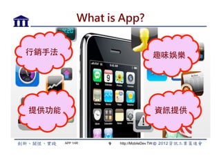 What is App?


行銷手法                                        趣味娛樂




提供功能                                        資訊提供


       APP 1HR    9   http://MobileDev.TW
 