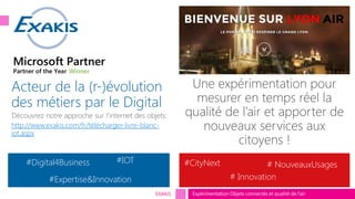 Expérimentation Objets connectés et qualité de l’airEXAKIS
Acteur de la (r-)évolution
des métiers par le Digital
http://www.exakis.com/fr/télécharger-livre-blanc-
iot.aspx
#CityNext#Digital4Business
#Expertise&Innovation
#IOT # NouveauxUsages
# Innovation
 