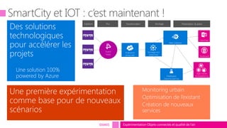 Expérimentation Objets connectés et qualité de l’airEXAKIS
Une première expérimentation
comme base pour de nouveaux
scénarios
Des solutions
technologiques
pour accélérer les
projets
Une solution 100%
powered by Azure
Web Gateway
Stockage non
relationnel
Event
Hubs
Analyse en
tempsréel
Capteurs Flux Transformation Stockage Présentation & action
Appli mobile
Multiplateforme
OpenData
Dashboard
Prédiction
Machine Learning
Monitoring urbain
Optimisation de l’existant
Création de nouveaux
services
 