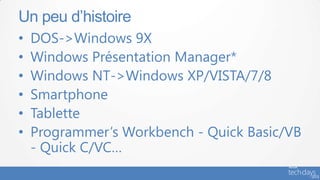 Un peu d’histoire
•   DOS->Windows 9X
•   Windows Présentation Manager*
•   Windows NT->Windows XP/VISTA/7/8
•   Smartphone
•   Tablette
•   Programmer’s Workbench - Quick Basic/VB
    - Quick C/VC…
 