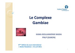 Le Complexe
                  Gambiae

                          KAMA BOULAMATARI NADIA
                               PNLP (GABON)


8ème édition du cours international
« Atelier Paludisme » 01 avril 2011
                                                   1
 