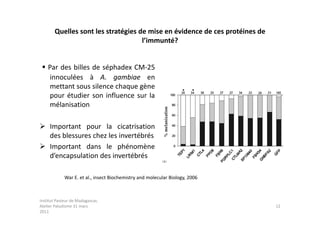 Quelles sont les stratégies de mise en évidence de ces protéines de
                                     l’immunté?


  Par des billes de séphadex CM-25
    innoculées à A. gambiae en
    mettant sous silence chaque gène
    pour étudier son influence sur la
    mélanisation

 Important pour la cicatrisation
  des blessures chez les invertébrés
 Important dans le phénomène
  d’encapsulation des invertébrés

             War E. et al., insect Biochemistry and molecular Biology, 2006



Institut Pasteur de Madagascar,
Atelier Paludisme 31 mars                                                     12
2011
 