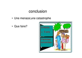 conclusion
• Une menace;une catastrophe
• Que faire? Enfants
< 5 ans
Femmes
enceintes
? ? ?
? ?
 