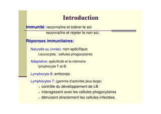 Immunité: reconnaître et tolérer le soi
reconnaître et rejeter le non soi.
Réponses immunitaires:
Naturelle ou (innée): non-spécifique
Leucocytes : cellules phagocytaires
Adaptative: spécificité et la mémoire
lymphocyte T et B
Lymphocyte B: anticorps
Lymphocytes T: (gamme d’activités plus large)
contrôle du développement de LB
interagissent avec les cellules phagocytaires
détruisent directement les cellules infectées
 