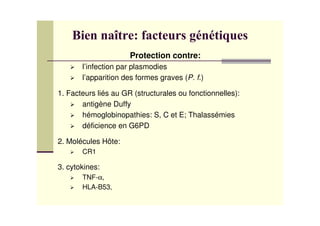 Protection contre:
l’infection par plasmodies
l’apparition des formes graves (P. f.)
1. Facteurs liés au GR (structurales ou fonctionnelles):
antigène Duffy
hémoglobinopathies: S, C et E; Thalassémies
déficience en G6PD
2. Molécules Hôte:
CR1
3. cytokines:
TNF-α,
HLA-B53,
 