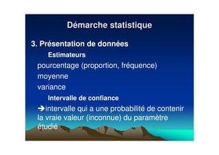 3. Présentation de données
Estimateurs
pourcentage (proportion, fréquence)
moyenne
variance
Intervalle de confiance
intervalle qui a une probabilité de contenir
la vraie valeur (inconnue) du paramètre
étudié
DDéémarche statistiquemarche statistique
 