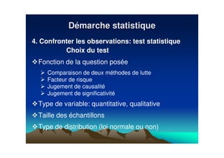 4. Confronter les observations: test statistique
Choix du test
Fonction de la question posée
Comparaison de deux méthodes de lutte
Facteur de risque
Jugement de causalité
Jugement de significativité
Type de variable: quantitative, qualitative
Taille des échantillons
Type de distribution (loi normale ou non)
DDéémarche statistiquemarche statistique
 