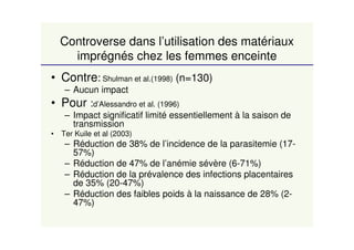 Controverse dans l’utilisation des matériaux
imprégnés chez les femmes enceinte
• Contre: Shulman et al.(1998) (n=130)
– Aucun impact
• Pour :d’Alessandro et al. (1996)
– Impact significatif limité essentiellement à la saison de
transmission
• Ter Kuile et al (2003)
– Réduction de 38% de l’incidence de la parasitemie (17-
57%)
– Réduction de 47% de l’anémie sévère (6-71%)
– Réduction de la prévalence des infections placentaires
de 35% (20-47%)
– Réduction des faibles poids à la naissance de 28% (2-
47%)
 