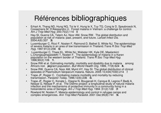 Références bibliographiques
• Erhart A, Thang ND, Hung NQ, Toi le V, Hung le X, Tuy TQ, Cong le D, Speybroeck N,
Coosemans M, D'Alessandro U. Forest malaria in Vietnam: a challenge for control.
Am J Trop Med Hyg. 200;70(2):110- 8
• Hay SI, Guerra CA, Tatem AJ, Noor AM, Snow RW. The global distribution and
population at risk of malaria: past, present, and future. Lancet Infect Dis.
2004;4(6):327- 36.
• Luxemburger C, Ricci F, Nosten F, Raimond D, Bathet S, White NJ. The epidemiology
of severe malaria in an area of low transmission in Thailand.Trans R Soc Trop Med
Hyg. 1997;91(3):256- 62.
• Luxemburger C, Thwai KL, White NJ, Webster HK, Kyle DE, Maelankirri
L,Chongsuphajaisiddhi T, Nosten F. The epidemiology of malaria in a Karen
population on the western border of Thailand. Trans R Soc Trop Med Hyg.
1996;90(2):105- 11.
• Snow RW et al. Estimating mortality, morbidity and disability due to malaria among
Africa's non- pregnant population. Bull World Health Org, 1999, 77(8):624- 40..
• Snow RW, Guerra CA, Noor AM, Myint HY, Hay SI. The global distribution of clinical
episodes of Plasmodium falciparum malaria. Nature. 2005 10;434(7030):214- 7.
• Trape JF, Rogier C. Combating malaria morbidity and mortality by reducing
transmission. Parasitol Today. 1996;12(6):236- 40.
• Trape JF, Rogier C, Konate L, Diagne N, Bouganali H, Canque B, Legros F,Badji A,
Ndiaye G, Ndiaye P, et al. The Dielmo project: a longitudinal study of natural malaria
infection and the mechanisms of protective immunity in a community living in a
holoendemic area of Senegal. Am J Trop Med Hyg. 1994 ;51(2):123- 37.
• Rowland M, Nosten F. Malaria epidemiology and control in refugee camps and
complex emergencies. Ann Trop Med Parasitol. 2001 Dec;95(8):741- 54.
 