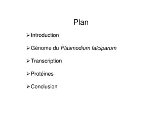 Plan
Introduction
Génome du Plasmodium falciparum
Transcription
Protéines
Conclusion
 