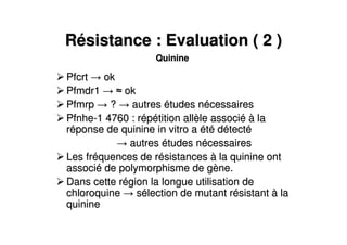 RRéésistance : Evaluation ( 2 )sistance : Evaluation ( 2 )
PfcrtPfcrt okok
Pfmdr1Pfmdr1 okok
PfmrpPfmrp ?? autresautres éétudes ntudes néécessairescessaires
PfnhePfnhe--1 4760 : r1 4760 : rééppéétition alltition allèèle associle associéé àà lala
rrééponse de quinine in vitro aponse de quinine in vitro a ééttéé ddéétecttectéé
autresautres éétudes ntudes néécessairescessaires
Les frLes frééquences de rquences de réésistancessistances àà la quinine ontla quinine ont
associassociéé de polymorphisme de gde polymorphisme de gèène.ne.
Dans cette rDans cette réégion la longue utilisation degion la longue utilisation de
chloroquinechloroquine sséélection de mutant rlection de mutant réésistantsistant àà lala
quininequinine
QuinineQuinine
 